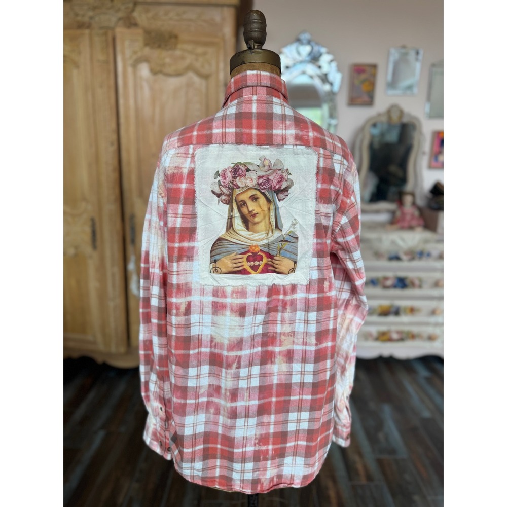 Sacred Heart Mary Flannel Small Upcycled Cotton Shirt Boho Folk Art - Picture 9 of 9